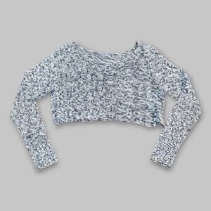 Women’s Marled Knit Cropped Long Sleeve Sweater – Blue & White